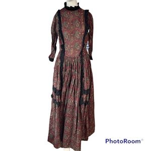 Vintage Victorian Prairie Dress Handmade Paisley Red Green Black Goth